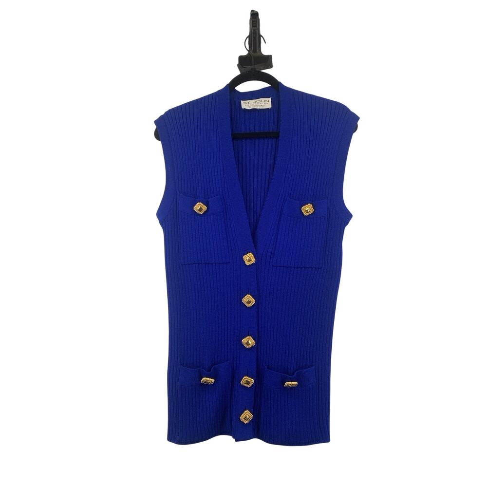 St John Collection Blue Vest With Gold Buttons Size P Vintage Luxury